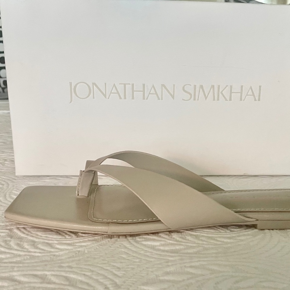 JONATHAN SIMKHAI Square-Toe Leather Flat Sandals, Taupe, size 10